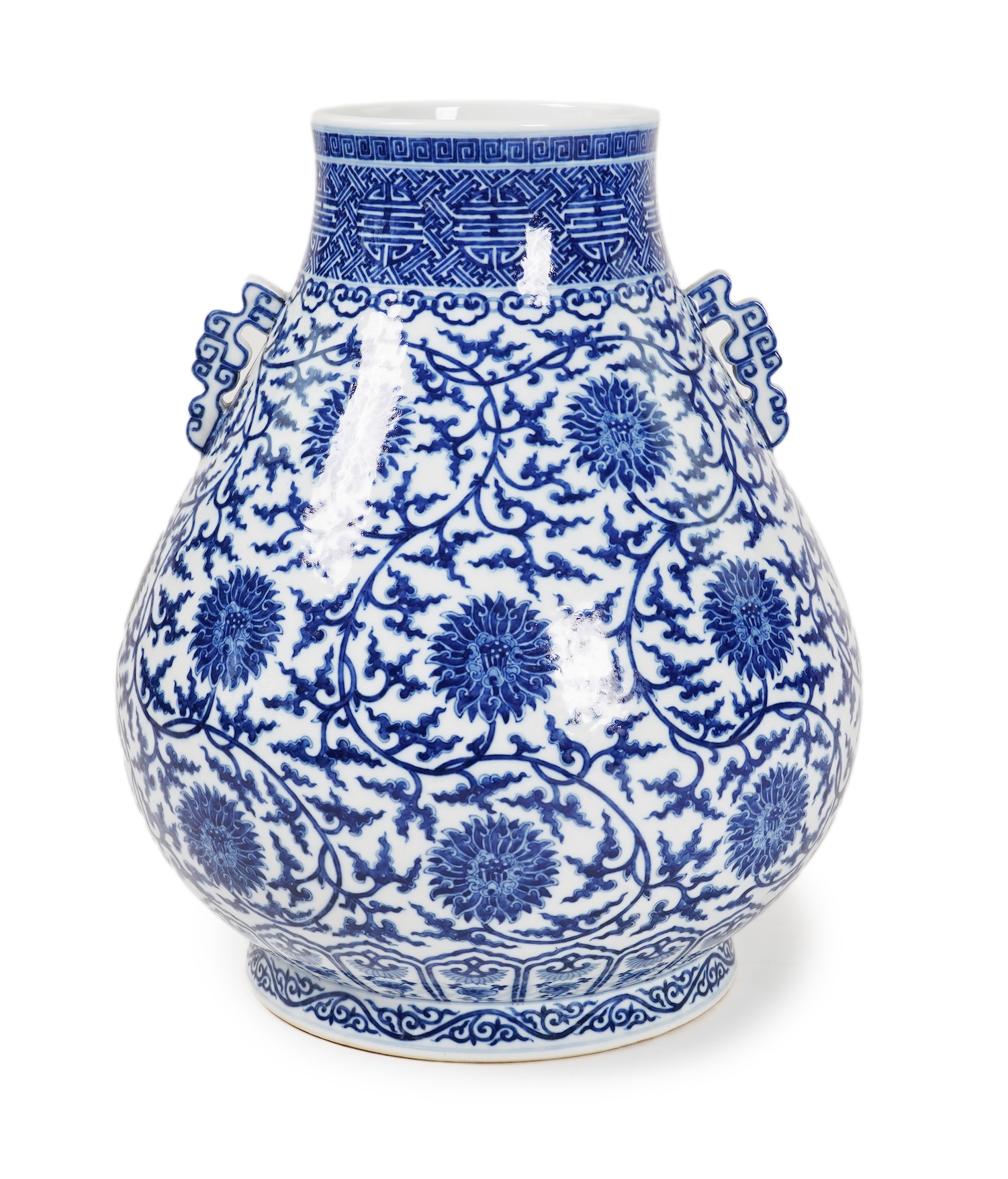 A large Chinese blue and white pear shaped vase, hu, Qianlong seal mark but later